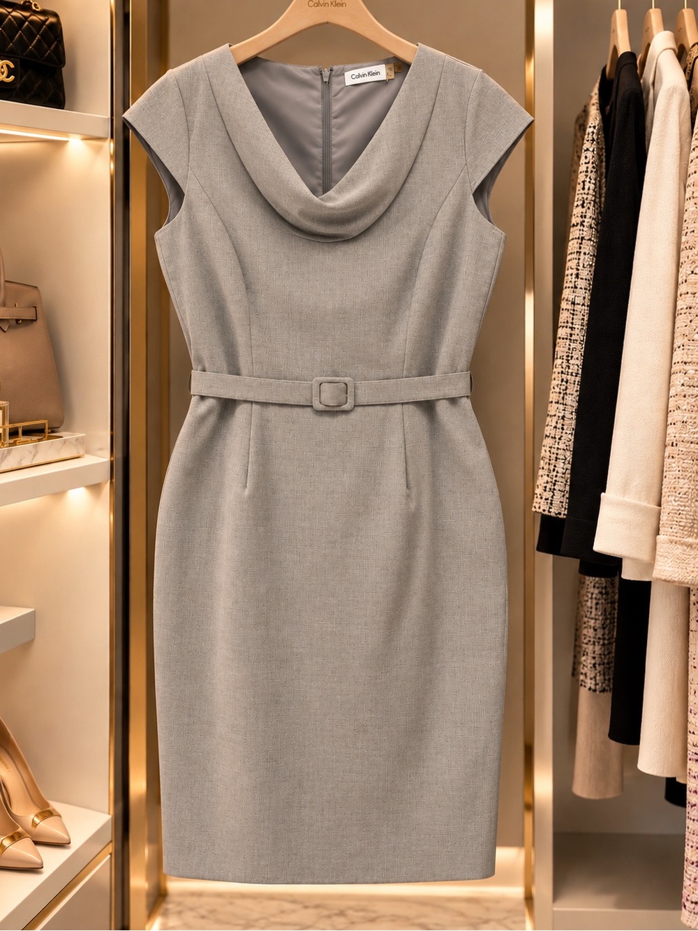 Calvin Klein Size 10 Gray Sheath Dress Belted Drape Neck Cap Sleeves Lined
